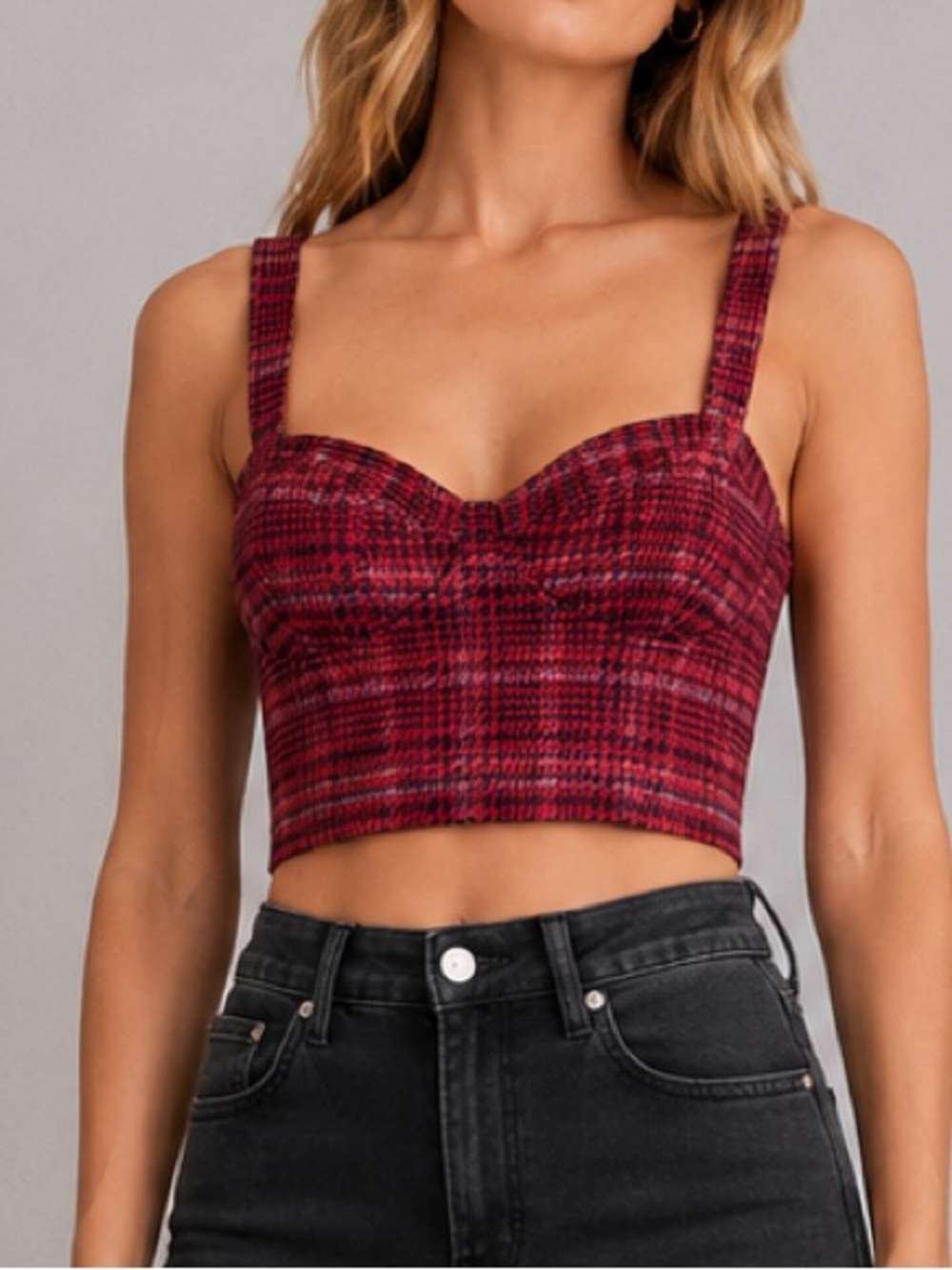 Guess Red Houndstooth Knit Sweetheart Crop Top Large